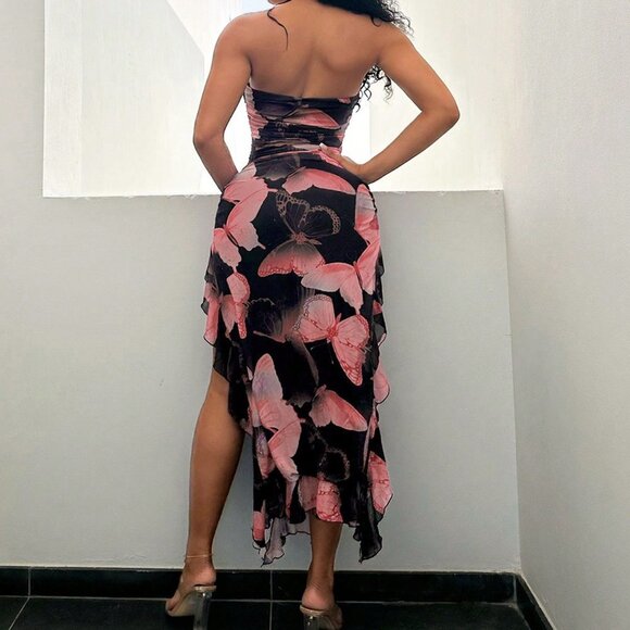 Pink Sexy Women's Butterfly Print Ruffle Hem Backless High Slit Fitted Dress - Picture 3 of 5